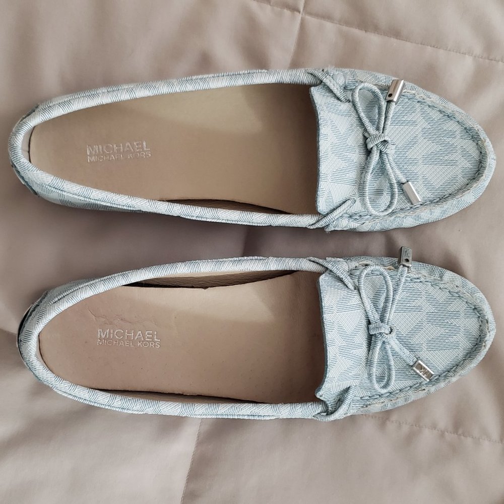 SOLD. Michael Kors monogram logo light blue and white loafers shoes size 7M